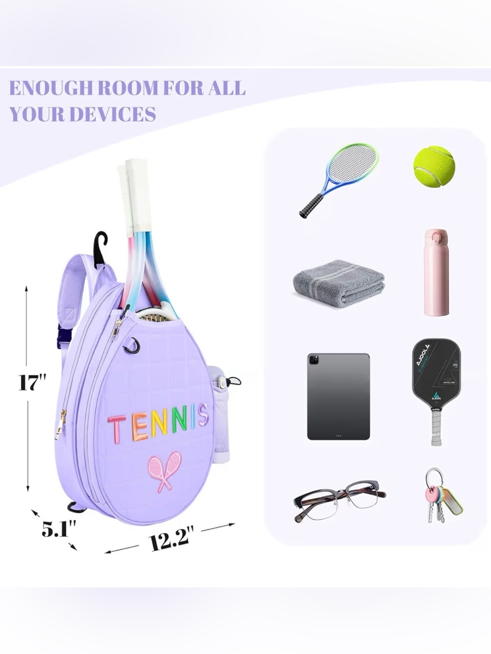 Lavender Tennis Racket Backpack - Picture 3 of 6